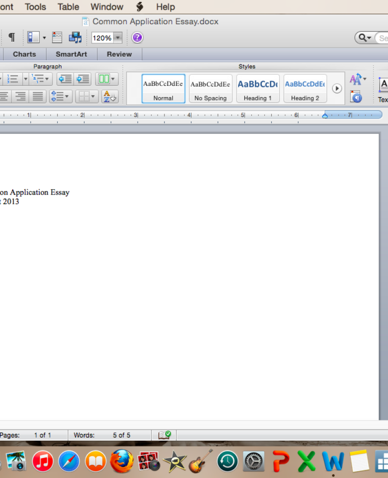 Screenshot of blank Microsoft Word document with the title "Common Application Essay, August 2013"