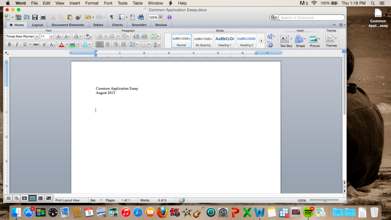 Screenshot of blank Microsoft Word document with the title &quot;Common Application Essay, August 2013&quot;