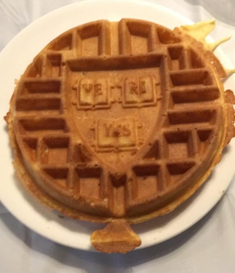 A waffle sits on a plate with the Harvard "veritas" crest imprinted in the center.