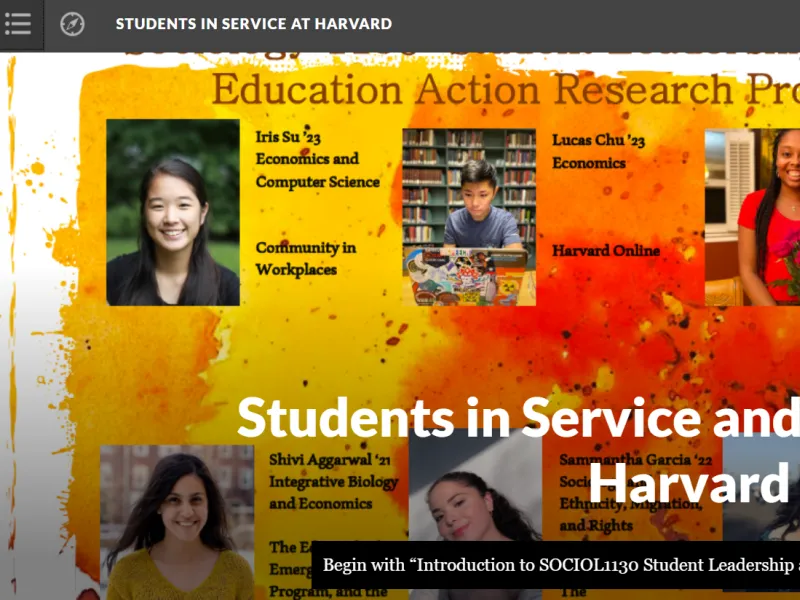 Digital book cover with student headshots and project titles