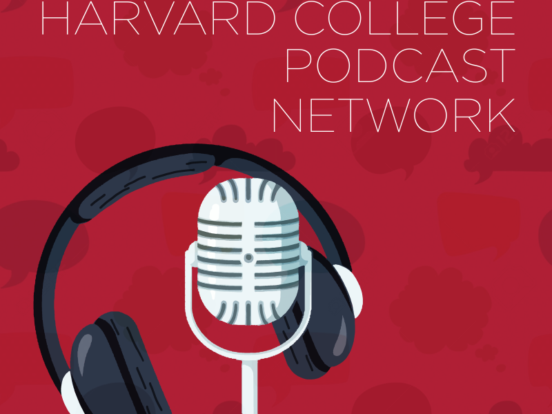 Logo of the harvard college podcast network. The logo includes a microphone and a headset that is hanging off of the microphone.