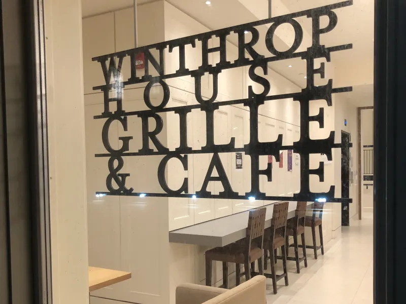 Photo of sign that reads "Winthrop House Grille & Cafe"