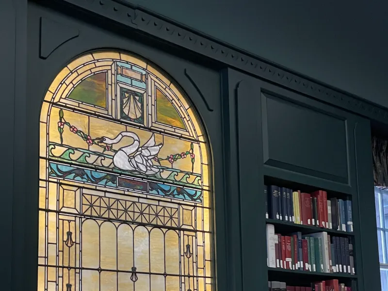 Stained glass and books in Loeb Music Library