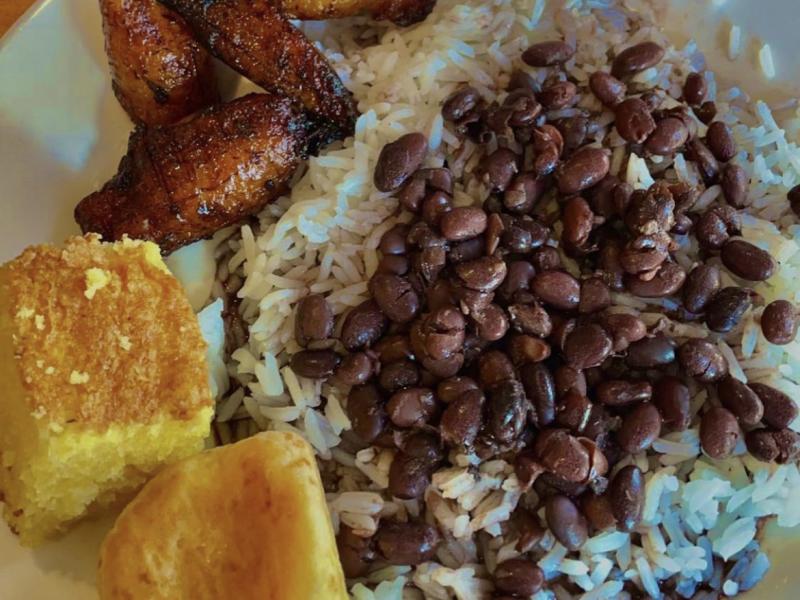 Rice and Beans, plantains, corn bread, and Brazilian cheese bread from Oliveira's Steakhouse.