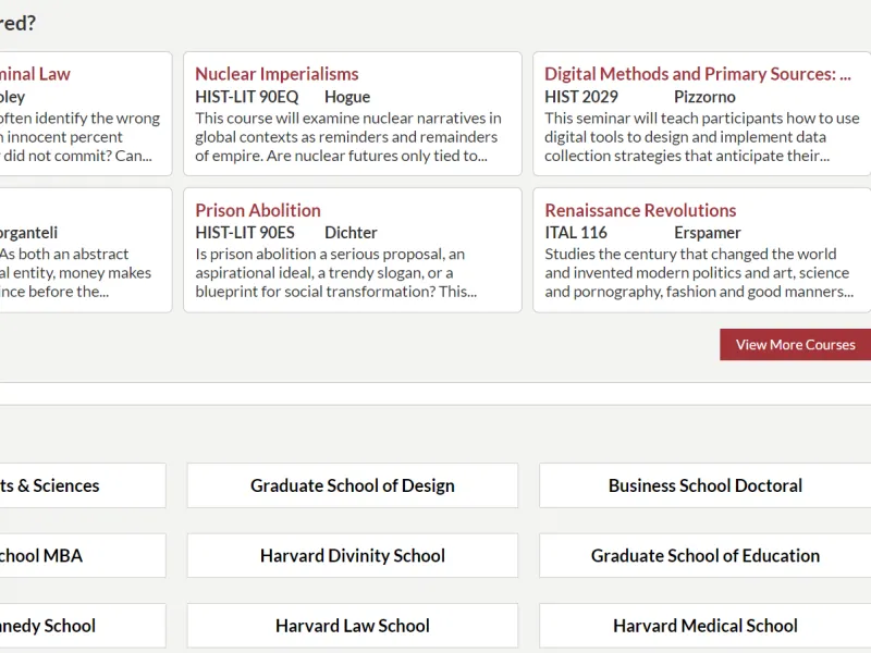 A screenshot of Harvard's course search menu