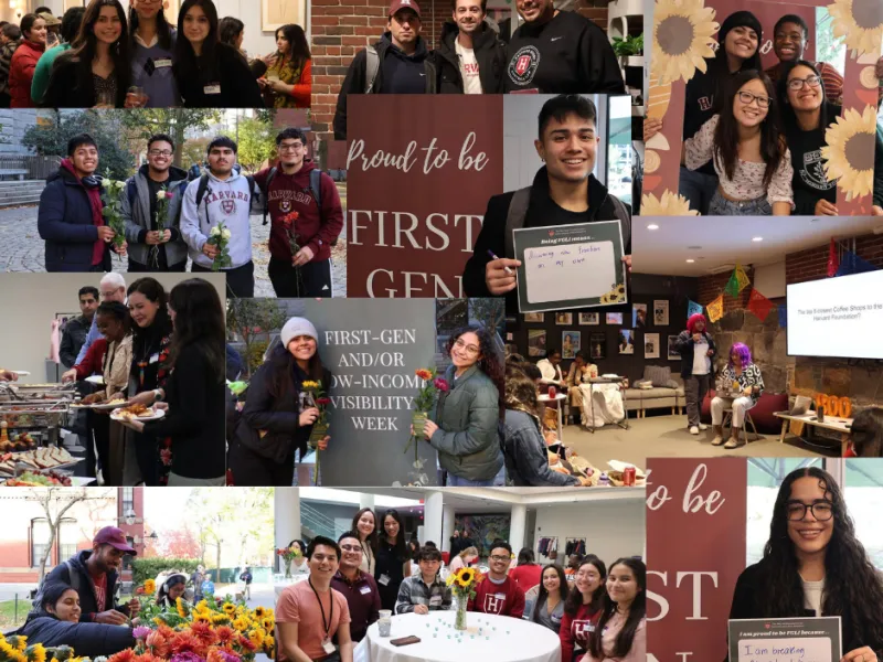 A collage of picctures taken during FGLI Visibility Week. There are pictures of students holding flowers, pictures of students at the student-faculty dinner, students holding papers sharing what being FGLI means to them. 