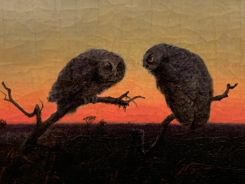 Painting of two owls sitting on branches jutting up from a darkened field in front of a red and yellow sunset.