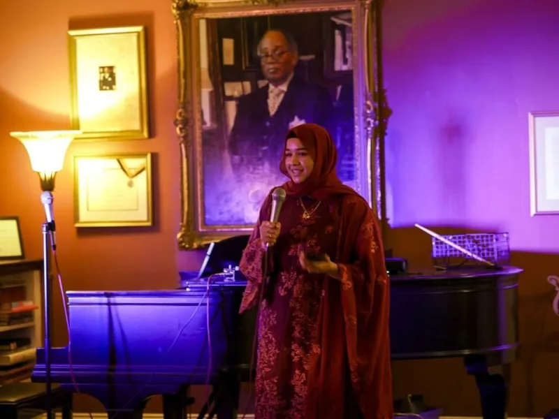 Samia Afrose, President of BASHA speaking about the Flood Relief Fundraiser for Bangladesh.