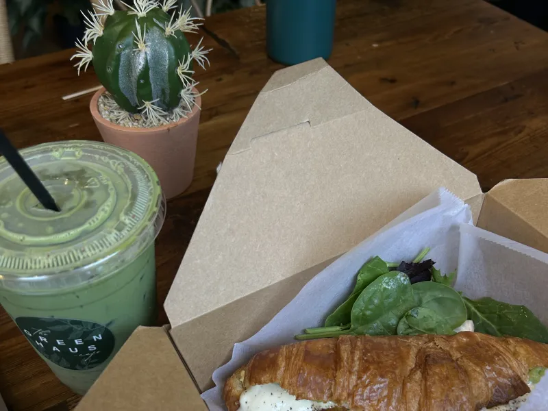 Strawberry Matcha latte and breakfast sandwich