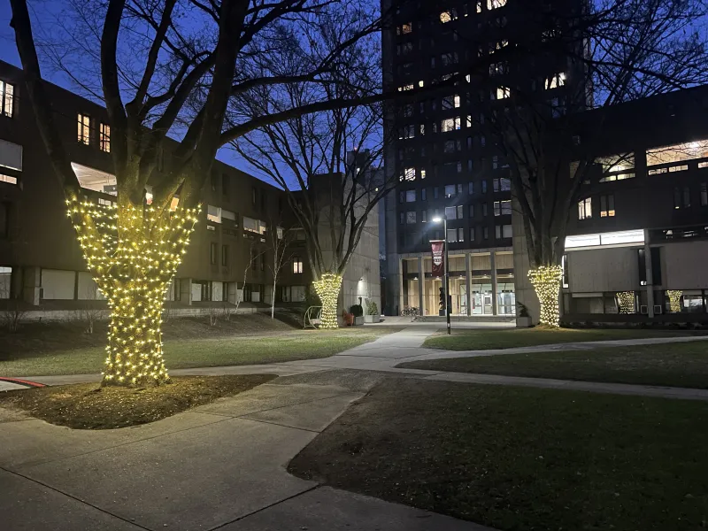 A view of the Mather House Courtyard at night