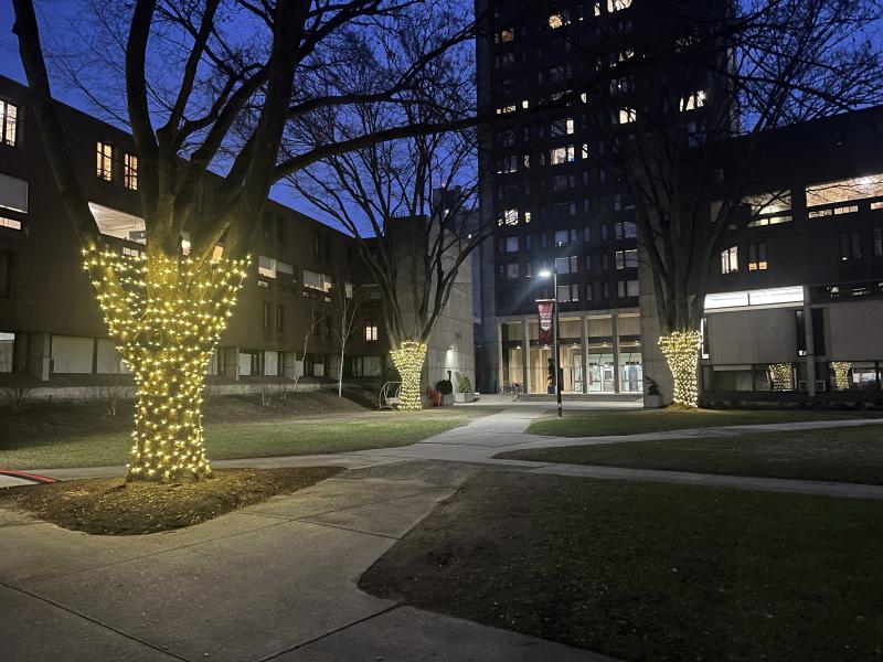 A view of the Mather House Courtyard at night