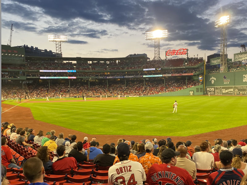 Outfield seat view of a game at Fenway Park between the Boston Red Sox and the Baltimore Orioles