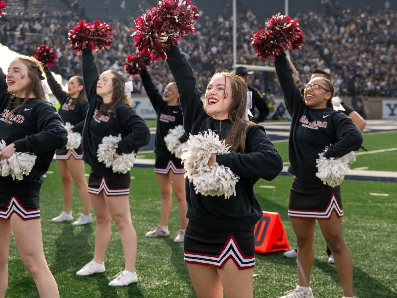 A group of Harvard cheerleaders lift their pom poms in the air.