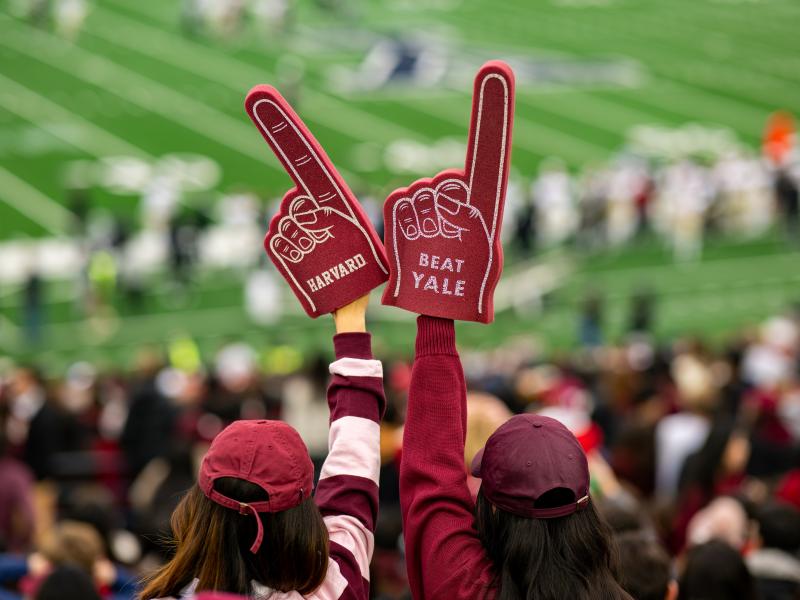 Two red foam fingers: one with Harvard spelled on it and the other with "Beat Yale" spelled on it.