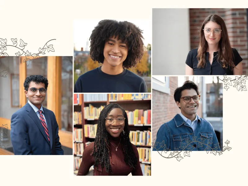 Collage of five diverse young adults smiling for portraits, with vine illustrations in the background.