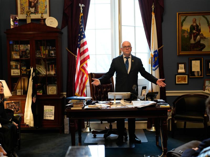 Representative Jim McGovern speaking to students in his office.
