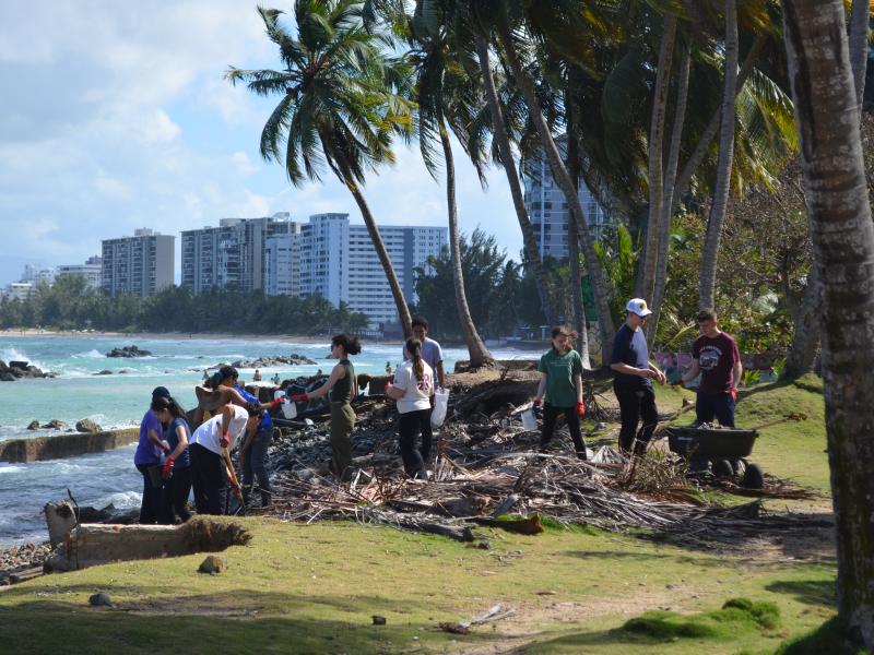 Students collecting rocks from a nearby beach.