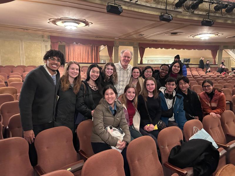 Alum John Lithgow ‘67 with the students inside the theatre.