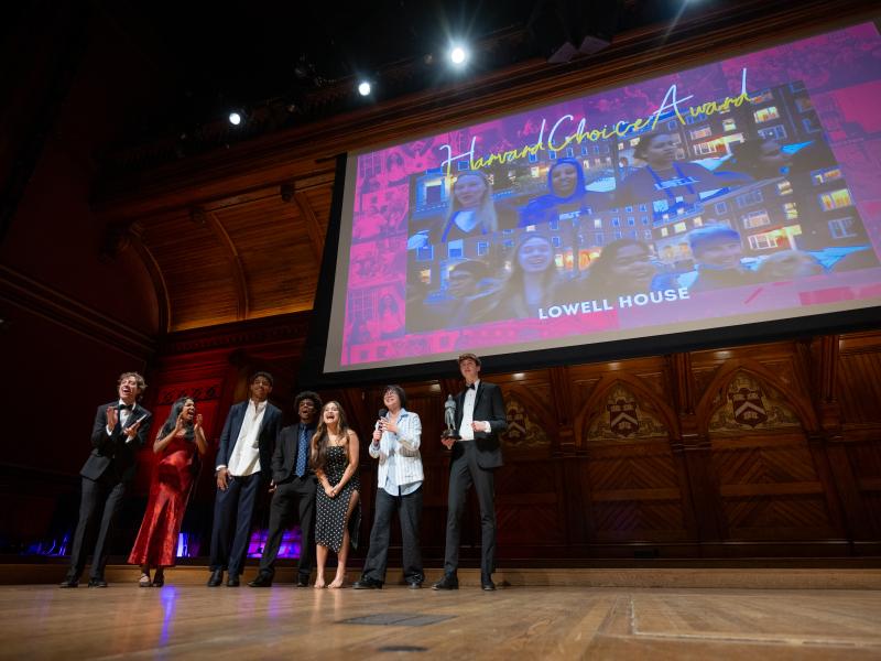 Members of Lowell House onstage accepting the Harvard Choice award.