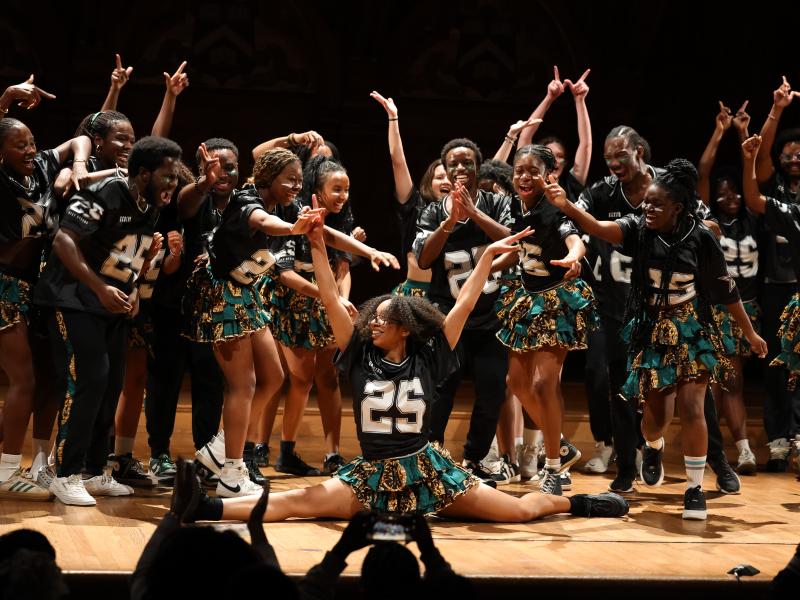 Dancers from Omo Naija x The Wahala Boys: Harvard Undergraduate African Dance Troupe performing at the 40th Annual Cultural Rhythms Show.