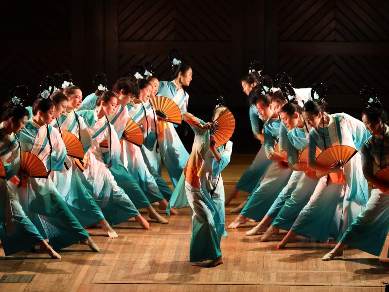 Dancers from the Harvard Undergraduate Asian American Dance Troupe performing at the 40th Annual Cultural Rhythms Showcase.