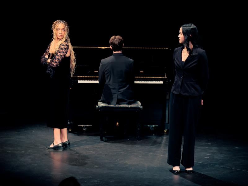 Gabby Medina ‘26 (left), Blake Hullinger ‘29 (center), and Alicia Chu ‘27 (right) at Farkas Hall. 