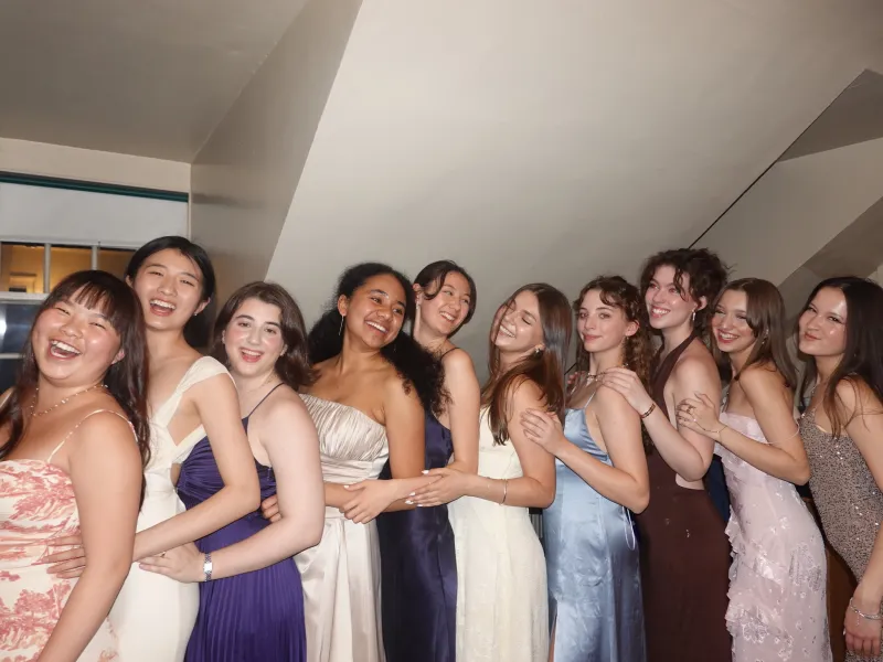 Group of ten girls in formal dresses, lined up and laughing 