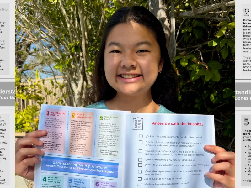 Header image of Sydney Mafong '30 holding up a printout of her SPARK project against a background of her work.