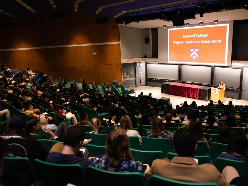 A packed lecture hall during 2025 Midyear Graduation.