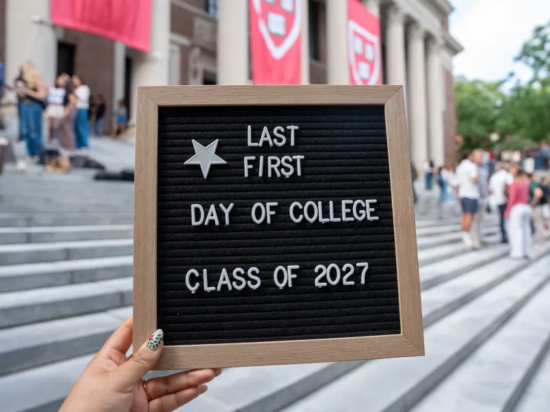 A letter board stating "Last First Day of College Class of 2027." 
