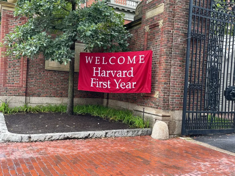Harvard First-Year flag at Johnston Gate.