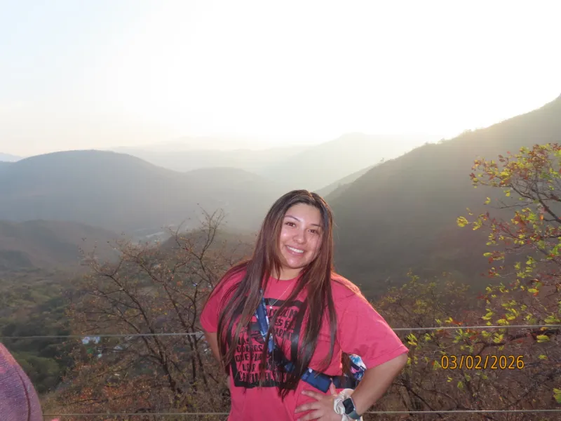 Daisy in front of mountain ranges. 