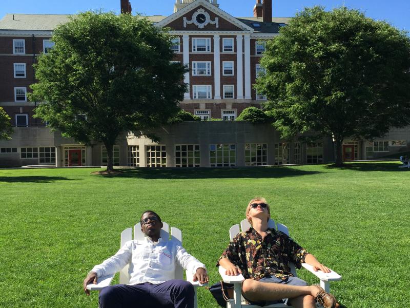 Photograph of author and friend on lawn