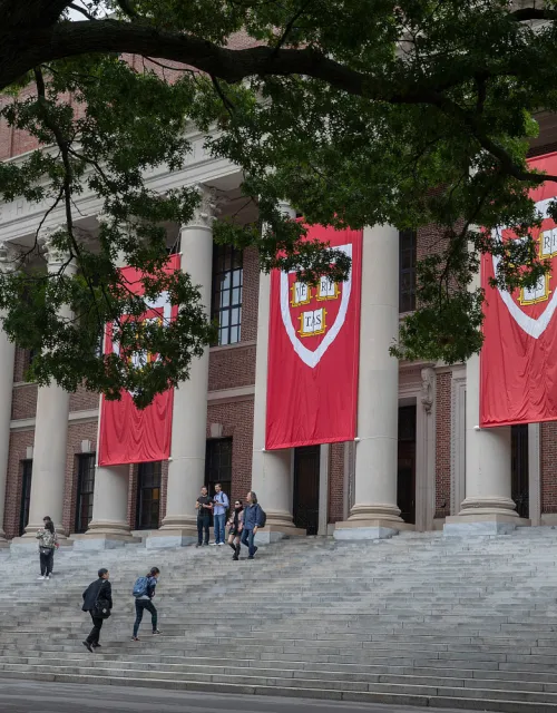 Crimson Harvard banners hanging from Widener Library