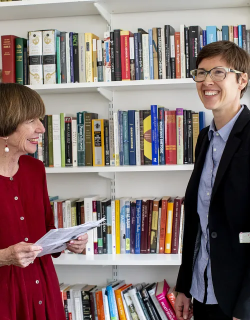 Kathleen Coleman (left) and Eleanor Finnegan discuss the new General Education course on the experience of loss.