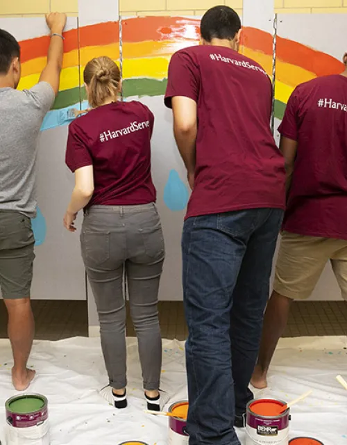   First-year students brighten up a bathroom at Winship Elementary School in Brighton during Harvard’s Day of Service.