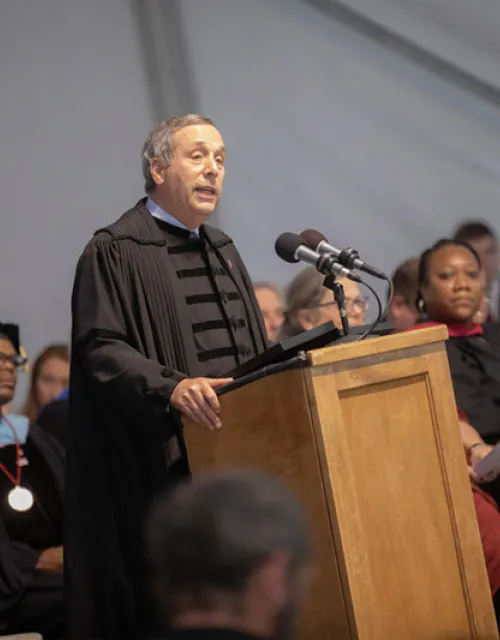 Presidents Bacow speaking to the first-year students at Convocation