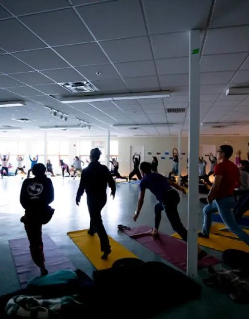 Students participate in a mindful movement and meditation session.