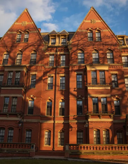 The brick exterior facade of a first-year dorm