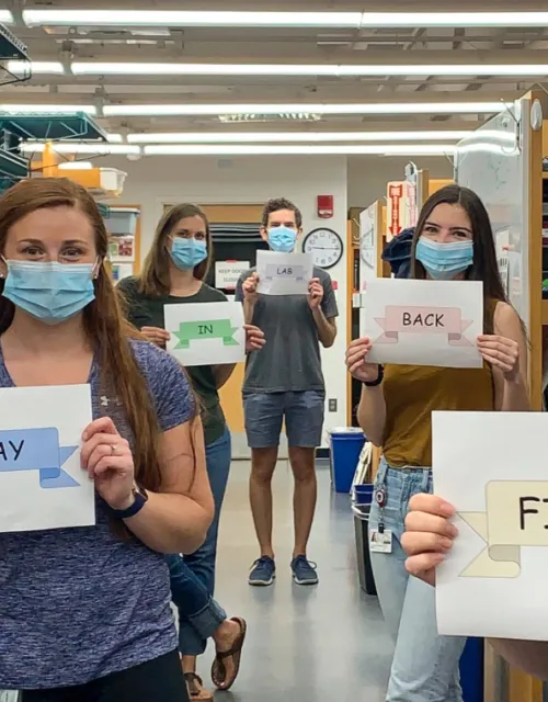 Harvard researchers take selfies on their first day back in the lab since the COVID-19 shutdown. The Manning Lab marks the occasion with coordinated signs.