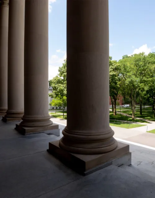 A view of Harvard Yard from the steps of Widener Library.