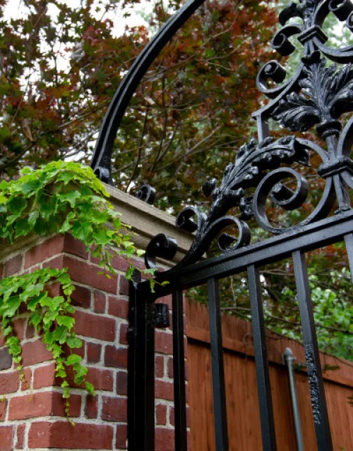 The gate by Standish Hall at Harvard University.