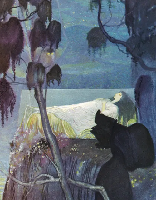 A 1923 illustration of Snow White resting in a glass coffin by Gustaf Tenggren, a Swedish American illustrator who worked as an animator for The Walt Disney Co. in the 1930s.