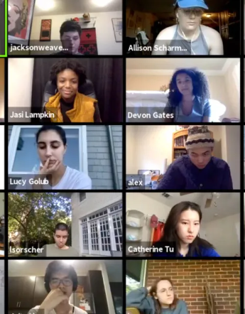 A group of students talking about art for justice on Zoom.