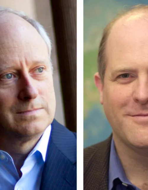 Michael Sandel (left) and Daniel Schrag will teach two University-wide courses using their “One Harvard, One Online Classroom” model.