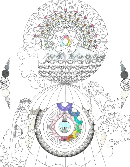 A hand-drawn cosmographical map of Dante Alighieri’s “Divine Comedy,” created by Madeleine Klebanoff-O’Brien ’22 through her summer fellowship at Houghton Library.