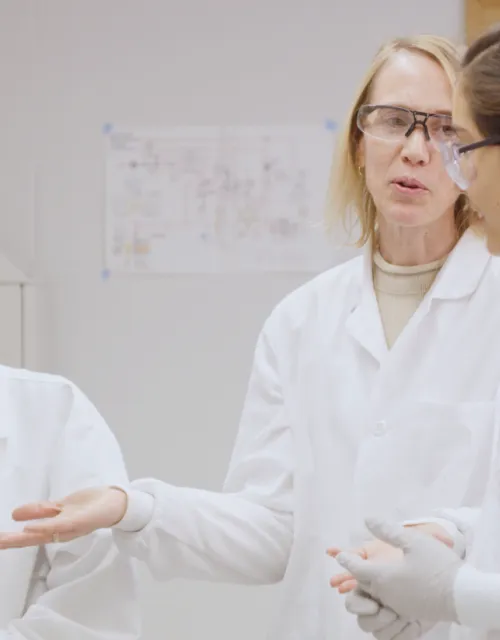 A professor teaching two students in the lab