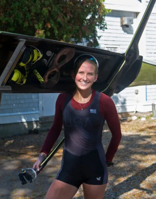 Brigid Kennedy '21 prepares for a practice row before her participation in the first-ever virtual Head of the Charles Regatta, which begins today.