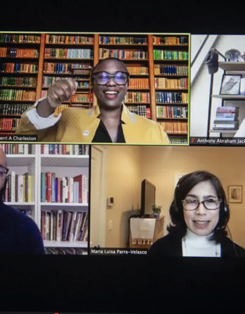 During the HILT 2020 Conference "Championing Equitable Instruction and Inclusive Classrooms." Panelists, Sherri Ann Charleston (from top left to right), Anthony Jack​, María Luisa Parra​, and Clint Smith speak during "A Conversation on Inclusive Excellence."
