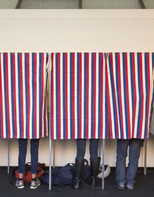 Five individuals vote in the booths at the polls.